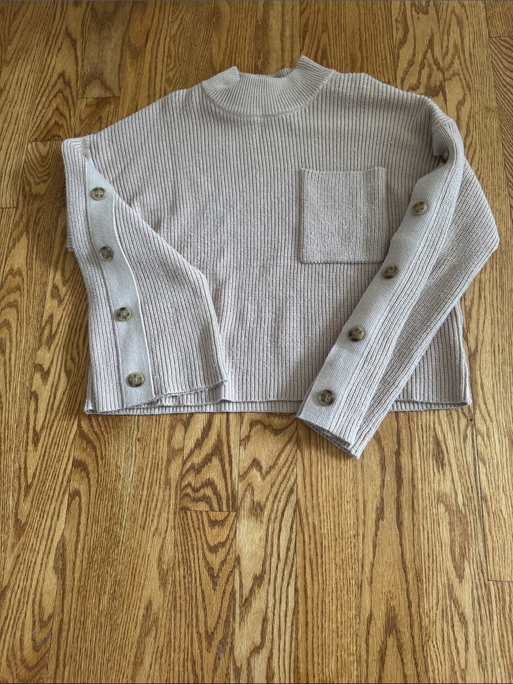 Nicole Miller Beige Button-Sleeve Ribbed Crewneck Sweater